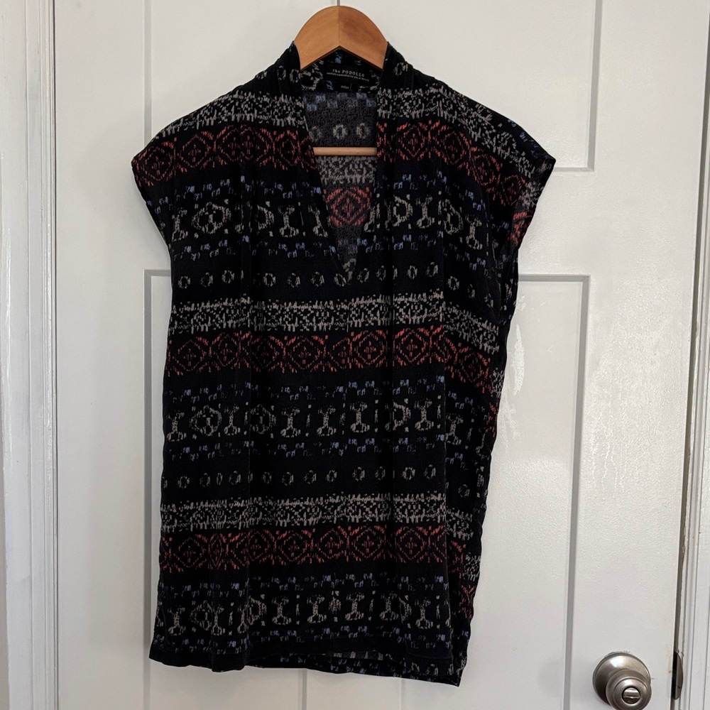 Silk Black Red and Blue Patterned Top